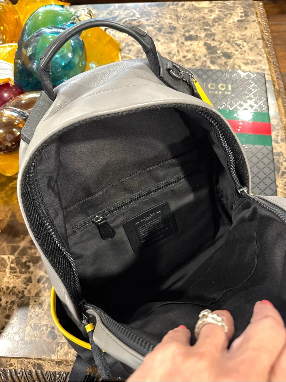Coach Edge Leather Backpack Gray Black Yellow C2057-4001 Unisex